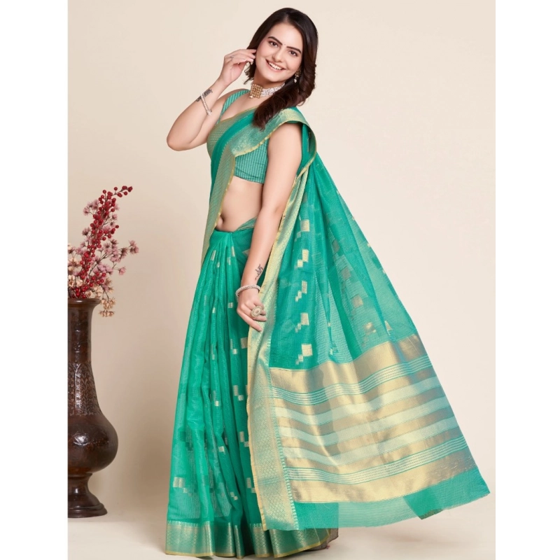 Women's Silk Blend Printed Banarasi Saree With Unstitched Blouse (5.5Mtr, Rama Green)