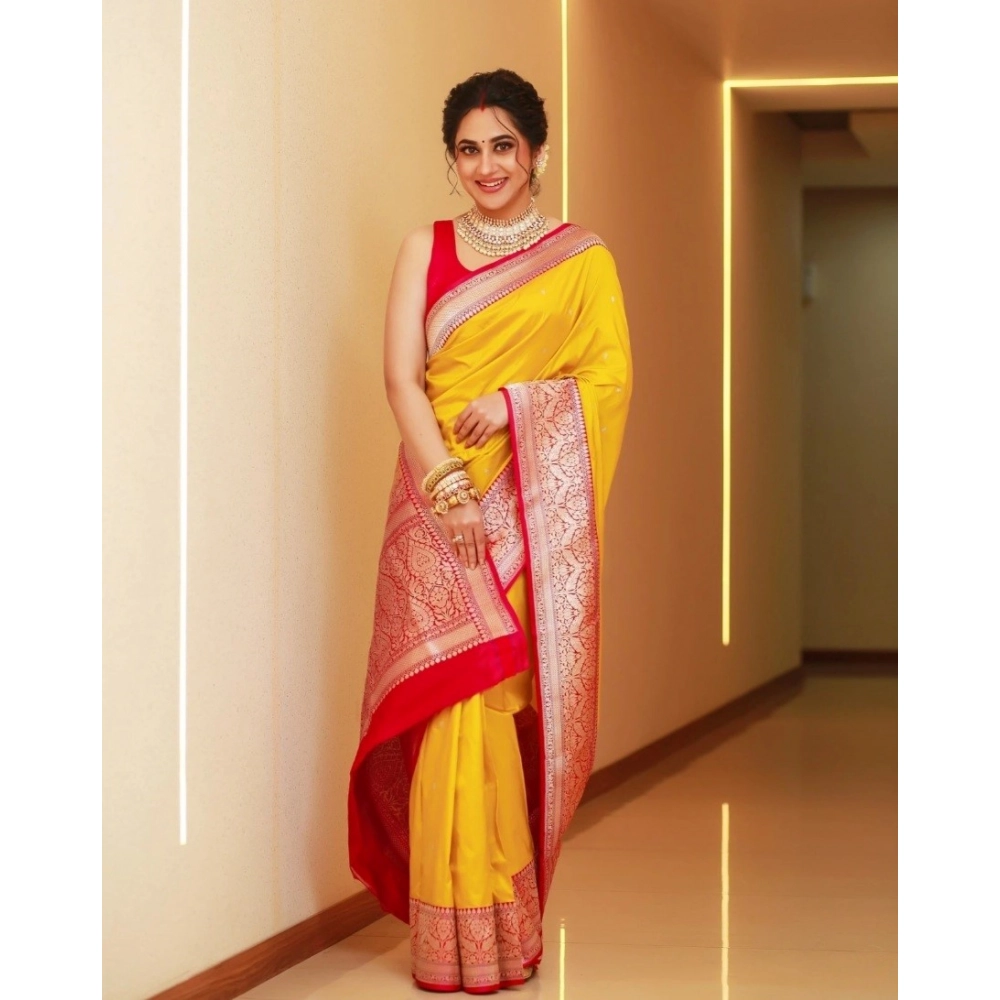 Generic Women's Silk Blend Self Design Banarasi Saree With Unstitched Blouse (5.5Mtr, Yellow Red) Generic Women's Silk Blend Self Design Banarasi Saree With Unstitched Blouse (5.5Mtr, Yellow Red)