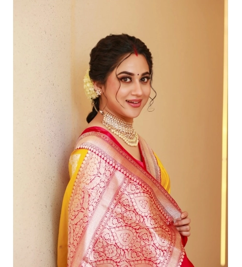 Generic Women's Silk Blend Self Design Banarasi Saree With Unstitched Blouse (5.5Mtr, Yellow Red)