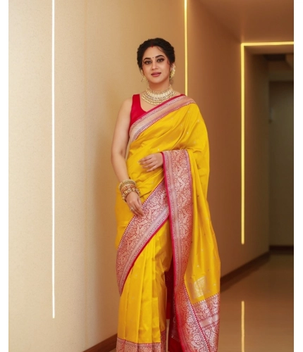 Generic Women's Silk Blend Self Design Banarasi Saree With Unstitched Blouse (5.5Mtr, Yellow Red)