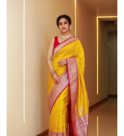 Generic Women's Silk Blend Self Design Banarasi Saree With Unstitched Blouse (5.5Mtr, Yellow Red)