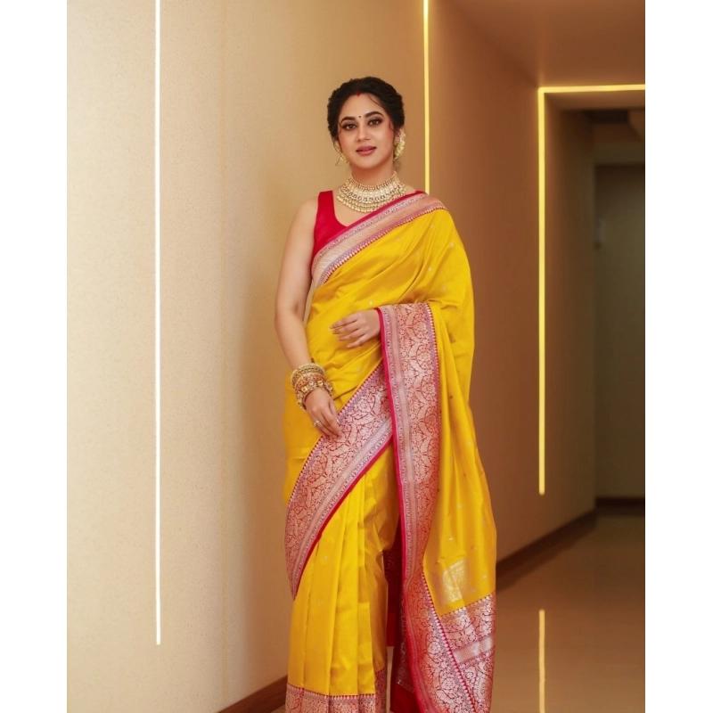 Women's Silk Blend Self Design Banarasi Saree With Unstitched Blouse (5.5Mtr, Yellow Red) Women's Silk Blend Self Design Banarasi Saree With Unstitched Blouse (5.5Mtr, Yellow Red)