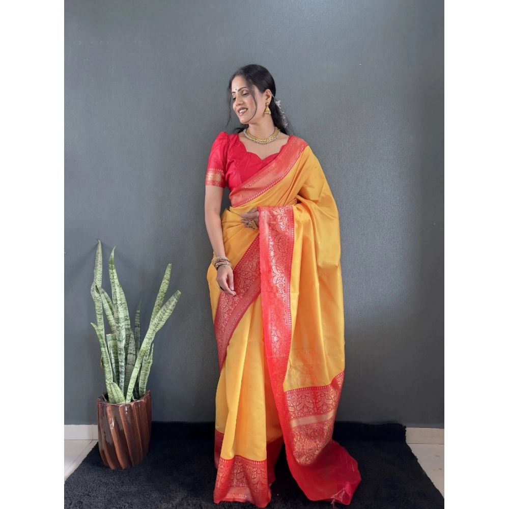 Generic Women's Silk Blend Woven Kanjivaram Saree With Unstitched Blouse (5.5Mtr, Yellow Red) Generic Women's Silk Blend Woven Kanjivaram Saree With Unstitched Blouse (5.5Mtr, Yellow Red)