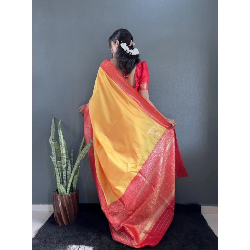 Generic Women's Silk Blend Woven Kanjivaram Saree With Unstitched Blouse (5.5Mtr, Yellow Red) Generic Women's Silk Blend Woven Kanjivaram Saree With Unstitched Blouse (5.5Mtr, Yellow Red)