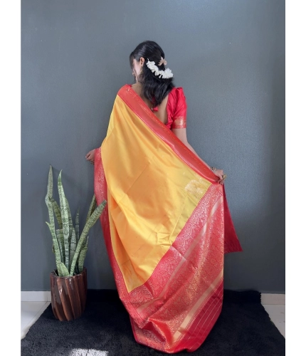 Generic Women's Silk Blend Woven Kanjivaram Saree With Unstitched Blouse (5.5Mtr, Yellow Red)