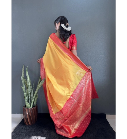 Generic Women's Silk Blend Woven Kanjivaram Saree With Unstitched Blouse (5.5Mtr, Yellow Red)