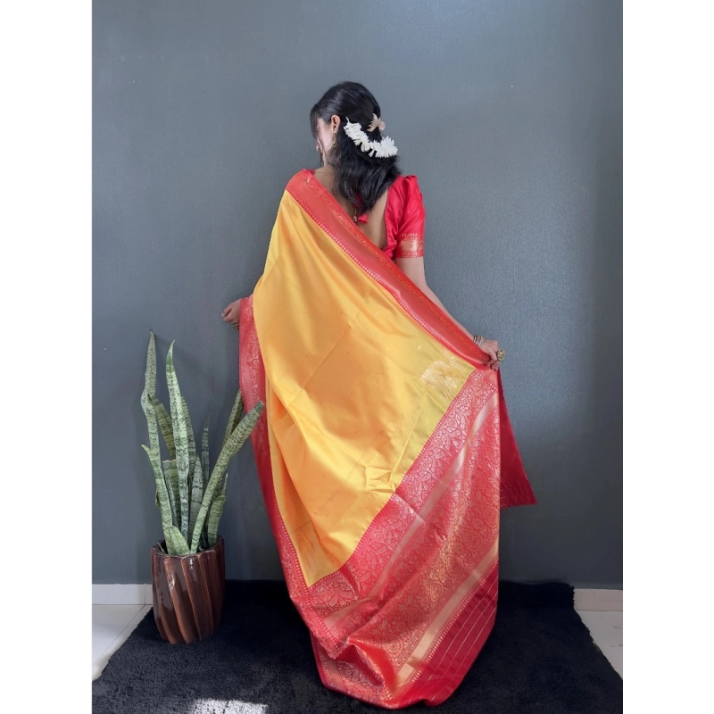 Women's Silk Blend Woven Kanjivaram Saree With Unstitched Blouse (5.5Mtr, Yellow Red)