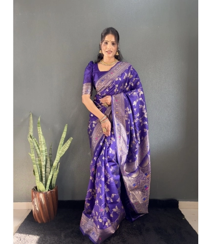 Generic Women's Silk Blend Woven Kanjivaram Saree With Unstitched Blouse (5.5Mtr, Purple)