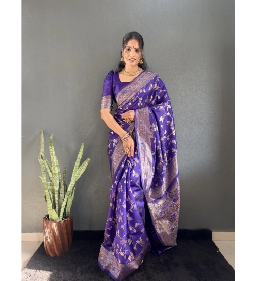 Generic Women's Silk Blend Woven Kanjivaram Saree With Unstitched Blouse (5.5Mtr, Purple)