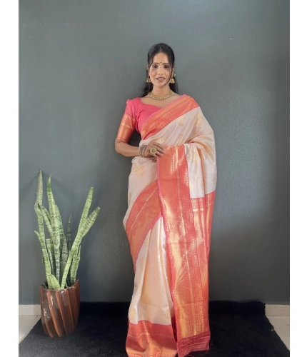 Generic Women's Silk Blend Woven Kanjivaram Saree With Unstitched Blouse (5.5Mtr, Peach)