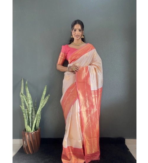 Generic Women's Silk Blend Woven Kanjivaram Saree With Unstitched Blouse (5.5Mtr, Peach)