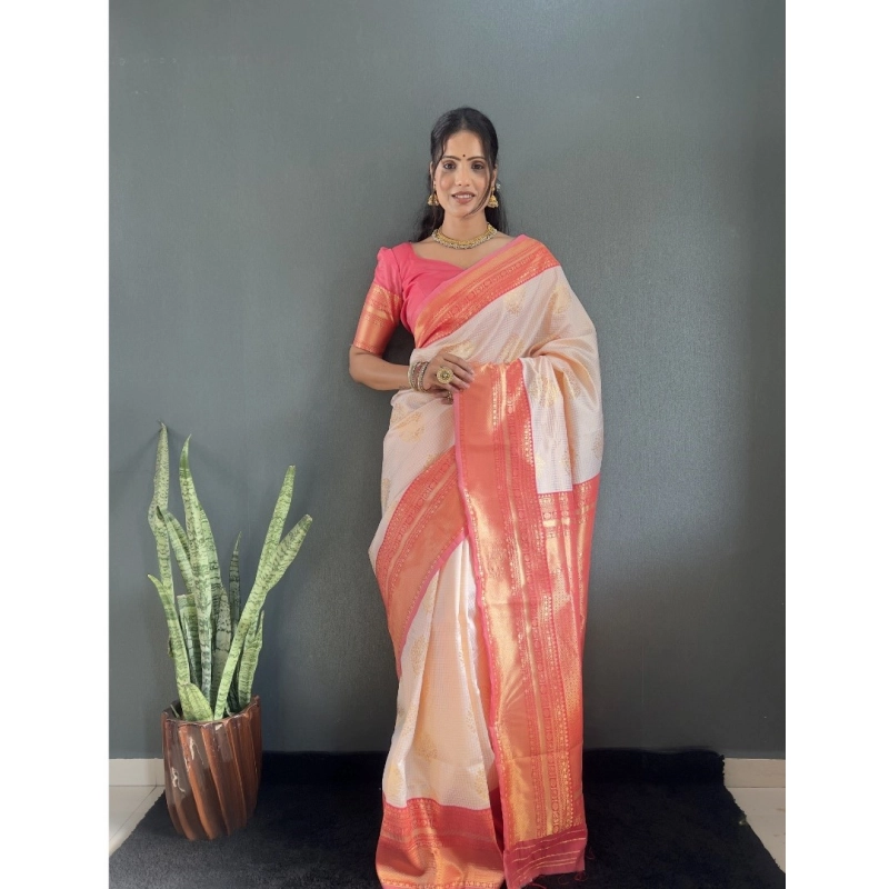 Women's Silk Blend Woven Kanjivaram Saree With Unstitched Blouse (5.5Mtr, Peach) Women's Silk Blend Woven Kanjivaram Saree With Unstitched Blouse (5.5Mtr, Peach)