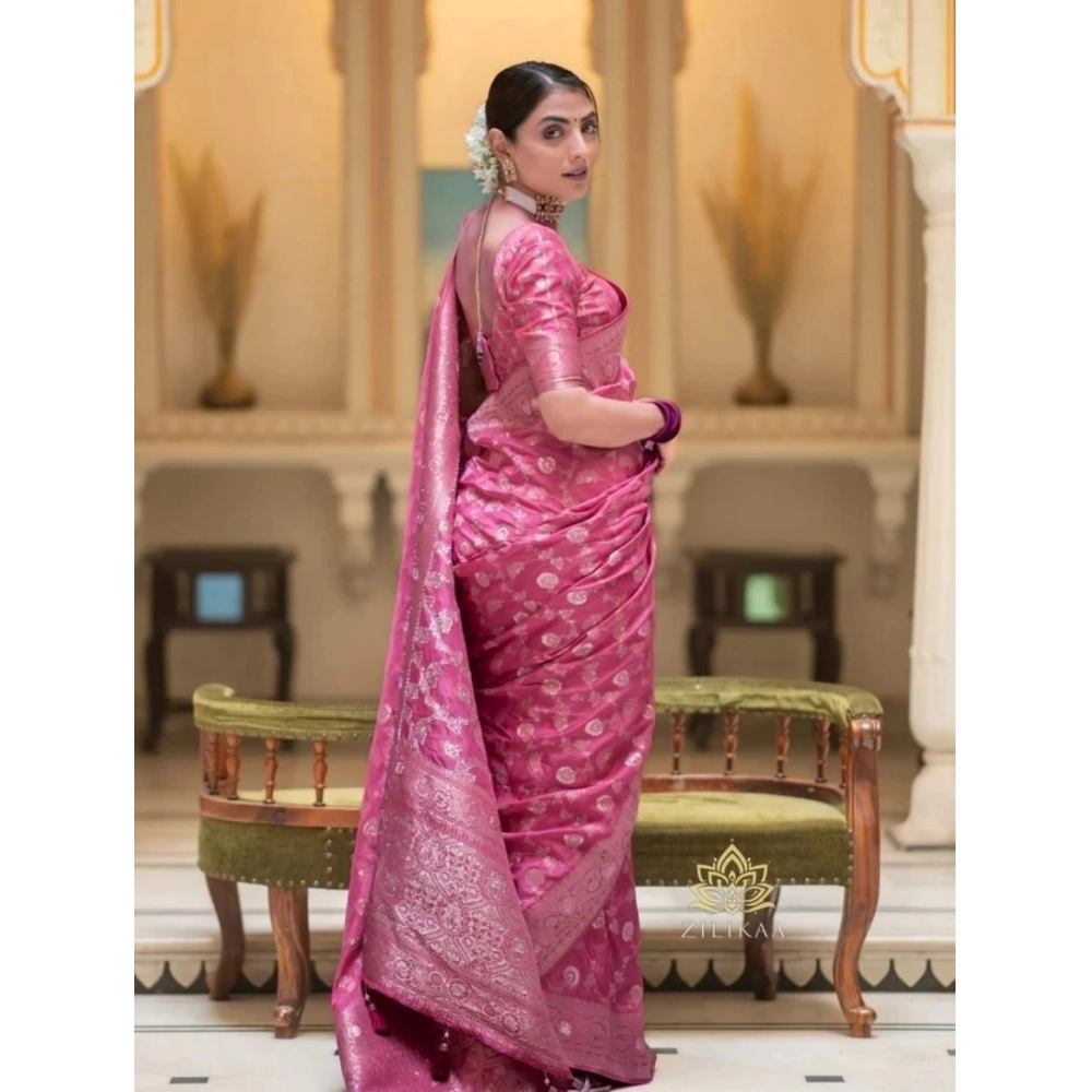 Generic Women's Silk Woven Kanjivaram Saree With Unstitched Blouse (5.5Mtr, Pink) Generic Women's Silk Woven Kanjivaram Saree With Unstitched Blouse (5.5Mtr, Pink)