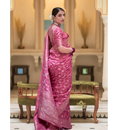 Generic Women's Silk Woven Kanjivaram Saree With Unstitched Blouse (5.5Mtr, Pink)