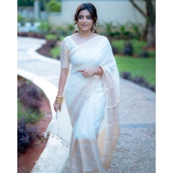 Generic Women's Silk Blend Self Design Bollywood Saree With Unstitched Blouse (5.5Mtr, White)