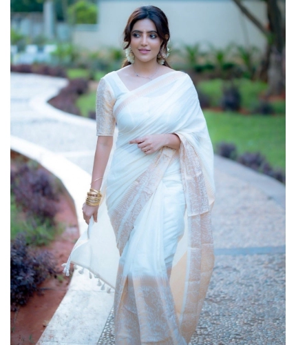 Generic Women's Silk Blend Self Design Bollywood Saree With Unstitched Blouse (5.5Mtr, White)