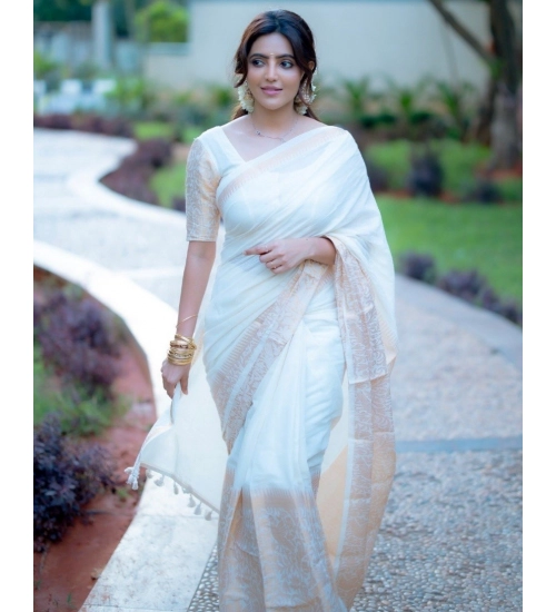 Generic Women's Silk Blend Self Design Bollywood Saree With Unstitched Blouse (5.5Mtr, White)