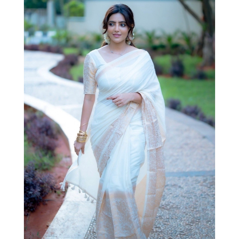 Women's Silk Blend Self Design Bollywood Saree With Unstitched Blouse (5.5Mtr, White) Women's Silk Blend Self Design Bollywood Saree With Unstitched Blouse (5.5Mtr, White)