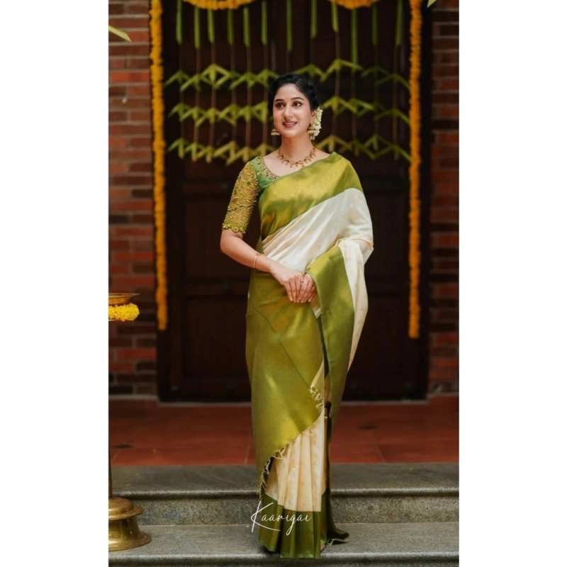 Women's Silk Blend Self Design Banarasi Saree With Unstitched Blouse (5.5Mtr, White Green)