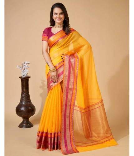 Generic Women's Cotton Blend Woven  Saree With Unstitched Blouse (5.5Mtr, Yellow)