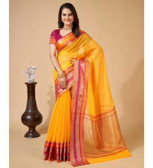 Generic Women's Cotton Blend Woven  Saree With Unstitched Blouse (5.5Mtr, Yellow)