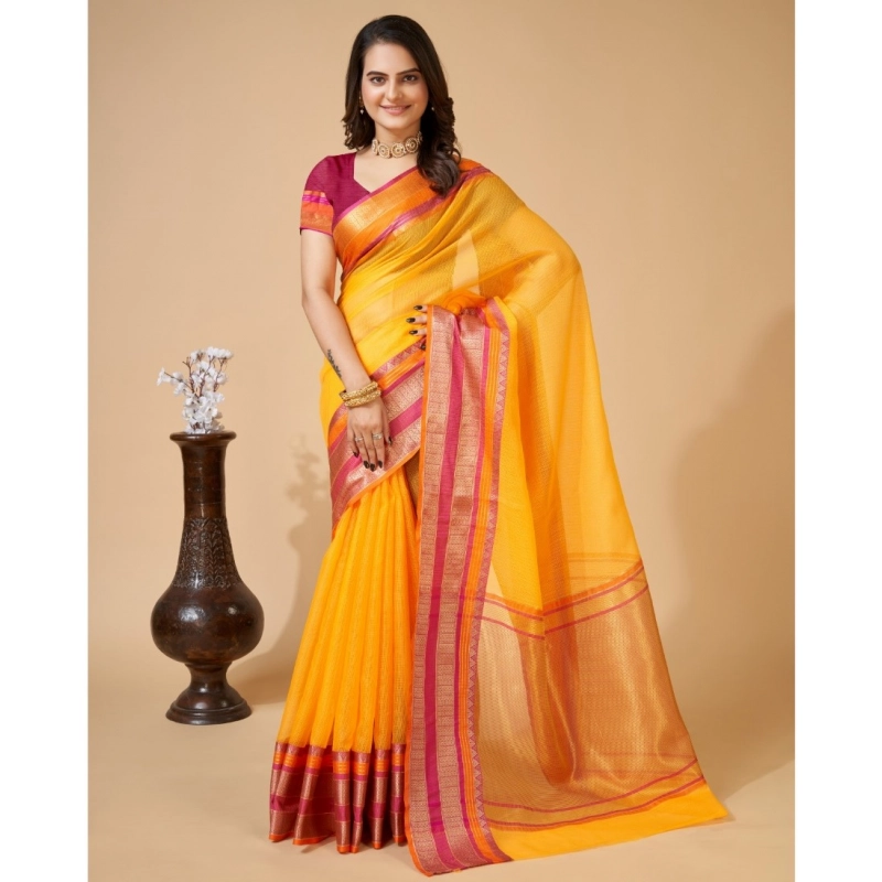 Women's Cotton Blend Woven Saree With Unstitched Blouse (5.5Mtr, Yellow) Women's Cotton Blend Woven Saree With Unstitched Blouse (5.5Mtr, Yellow)