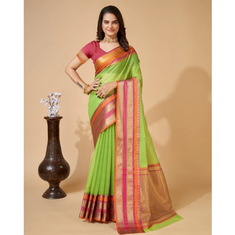 Women's Cotton Blend Woven  Saree With Unstitched Blouse (5.5Mtr, Light Green)