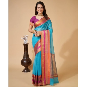 Generic Women's Cotton Blend Woven  Saree With Unstitched Blouse (5.5Mtr, Blue)