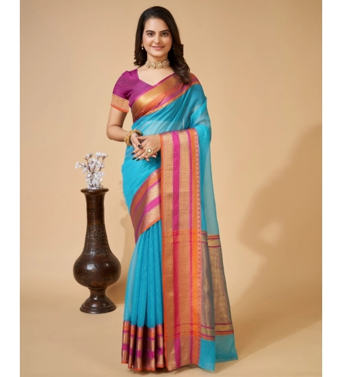 Generic Women's Cotton Blend Woven  Saree With Unstitched Blouse (5.5Mtr, Blue)
