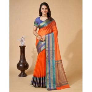 Generic Women's Cotton Blend Woven  Saree With Unstitched Blouse (5.5Mtr, Orange)