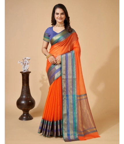 Generic Women's Cotton Blend Woven  Saree With Unstitched Blouse (5.5Mtr, Orange)