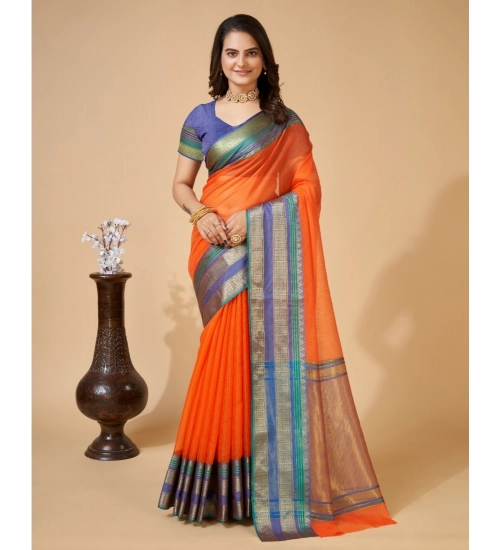 Generic Women's Cotton Blend Woven  Saree With Unstitched Blouse (5.5Mtr, Orange)