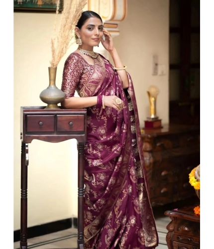 Generic Women's Art Silk Embellished Kanjivaram Saree With Unstitched Blouse (5.5Mtr, Purple)