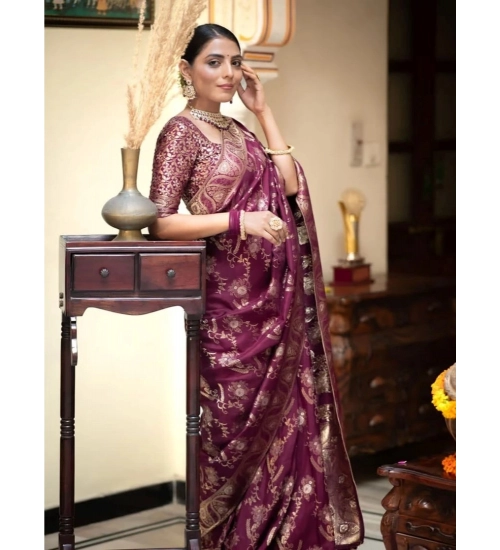 Generic Women's Art Silk Embellished Kanjivaram Saree With Unstitched Blouse (5.5Mtr, Purple)