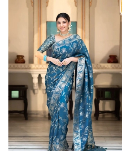 Generic Women's Art Silk Embellished Kanjivaram Saree With Unstitched Blouse (5.5Mtr, Rama)