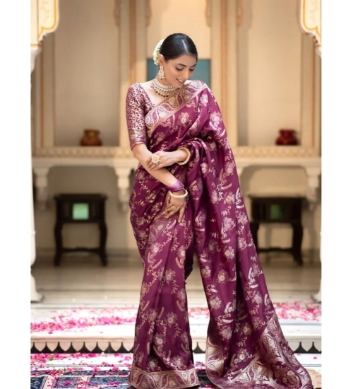 Generic Women's Art Silk Embellished Kanjivaram Saree With Unstitched Blouse (5.5Mtr, Purple)