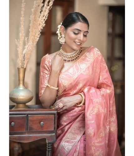 Generic Women's Art Silk Embellished Kanjivaram Saree With Unstitched Blouse (5.5Mtr, Peach)