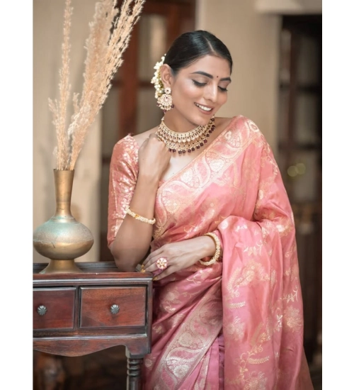 Generic Women's Art Silk Embellished Kanjivaram Saree With Unstitched Blouse (5.5Mtr, Peach)