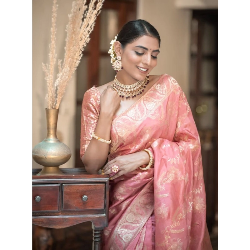 Women's Art Silk Embellished Kanjivaram Saree With Unstitched Blouse (5.5Mtr, Peach)