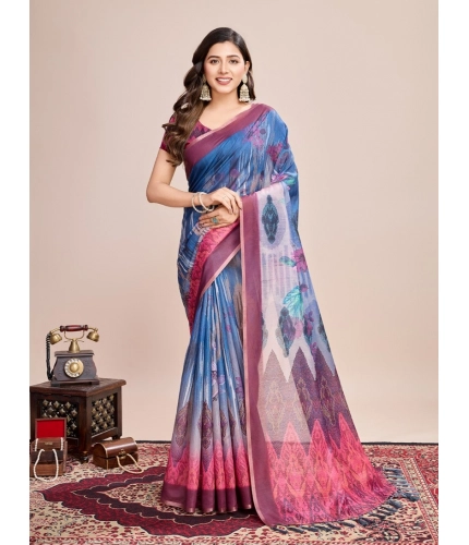 Generic Women's Georgette Embroidered  Saree With Unstitched Blouse (5.5Mtr, Blue)