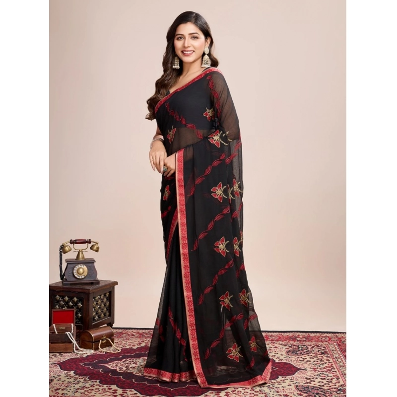 Women's Georgette Printed  Saree With Unstitched Blouse (5.5Mtr, Red)