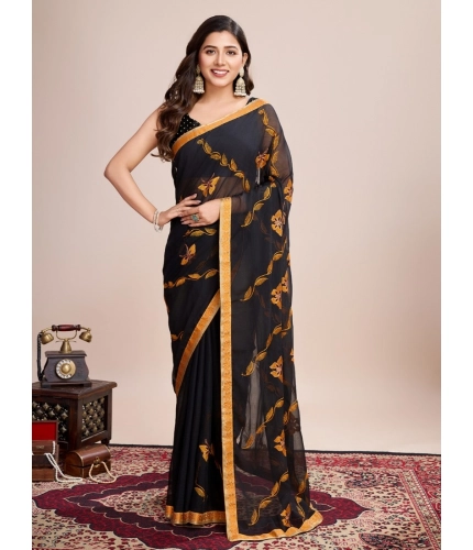 Generic Women's Georgette Printed  Saree With Unstitched Blouse (5.5Mtr, Orange)