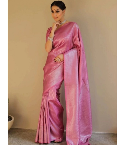 Generic Women's Silk Blend Woven Kanjivaram Saree With Unstitched Blouse (5.5Mtr, Pink)