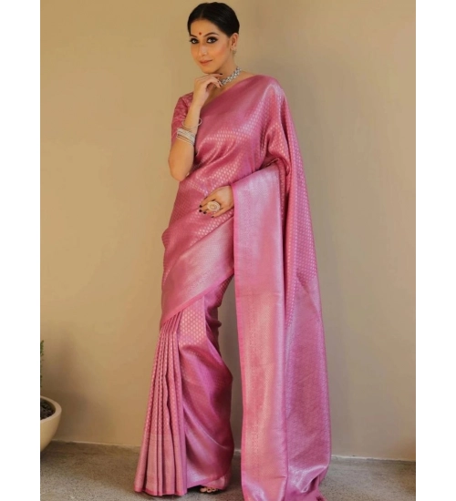 Generic Women's Silk Blend Woven Kanjivaram Saree With Unstitched Blouse (5.5Mtr, Pink)