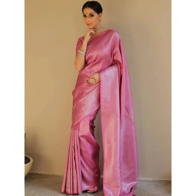 Women's Silk Blend Woven Kanjivaram Saree With Unstitched Blouse (5.5Mtr, Pink) Women's Silk Blend Woven Kanjivaram Saree With Unstitched Blouse (5.5Mtr, Pink)