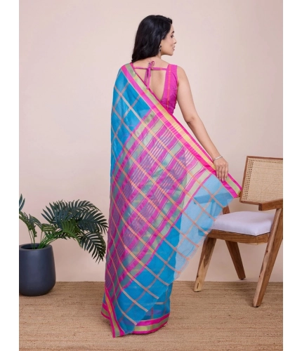 Generic Women's Cotton Silk Checkered Kota Doria Saree With Unstitched Blouse (5.5Mtr, Sky Blue)