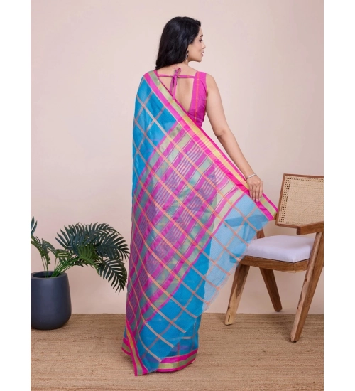 Generic Women's Cotton Silk Checkered Kota Doria Saree With Unstitched Blouse (5.5Mtr, Sky Blue)