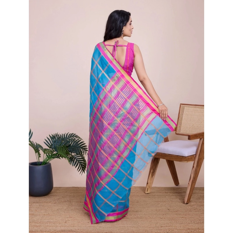 Women's Cotton Silk Checkered Kota Doria Saree With Unstitched Blouse (5.5Mtr, Sky Blue)