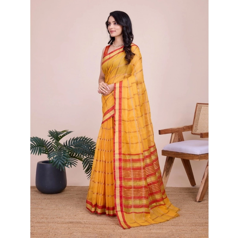Women's Cotton Silk Checkered Kota Doria Saree With Unstitched Blouse (5.5Mtr, Yellow) Women's Cotton Silk Checkered Kota Doria Saree With Unstitched Blouse (5.5Mtr, Yellow)