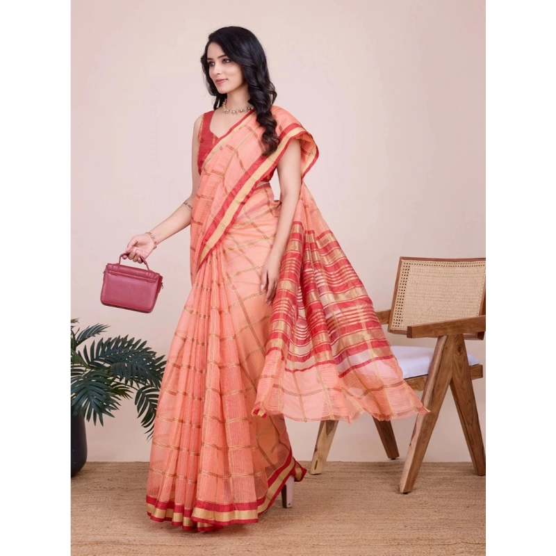 Women's Cotton Silk Checkered Kota Doria Saree With Unstitched Blouse (5.5Mtr, Peach) Women's Cotton Silk Checkered Kota Doria Saree With Unstitched Blouse (5.5Mtr, Peach)